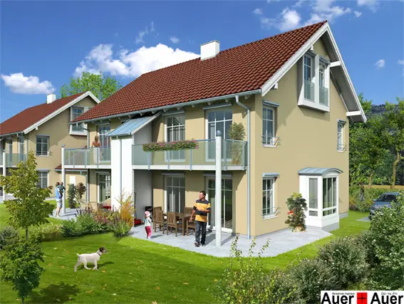 Visualisierung einer Doppelhaus-Wohnanlage mit Balkonen und Garten