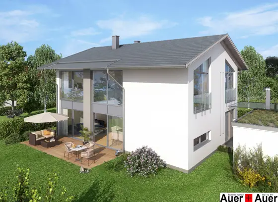 Visualisierung eines modernen Einfamilienhauses mit Garten