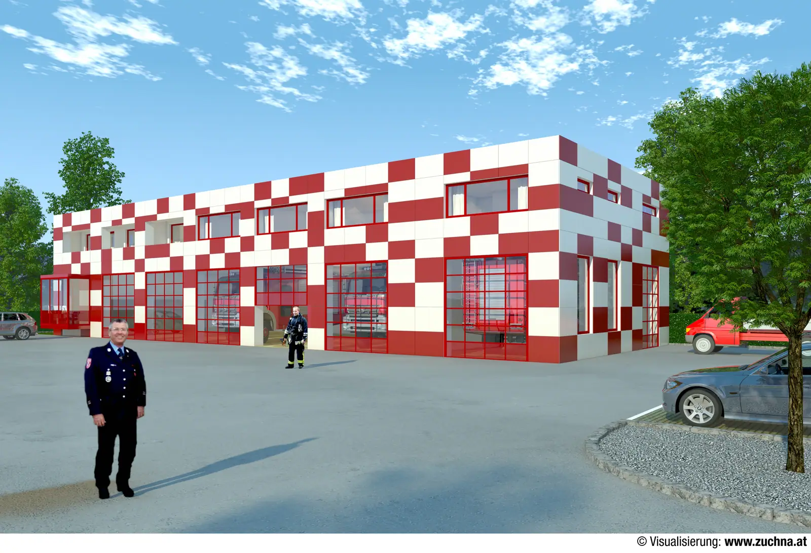 Visualisierung einer rot-weißen Feuerwehreinsatzzentrale