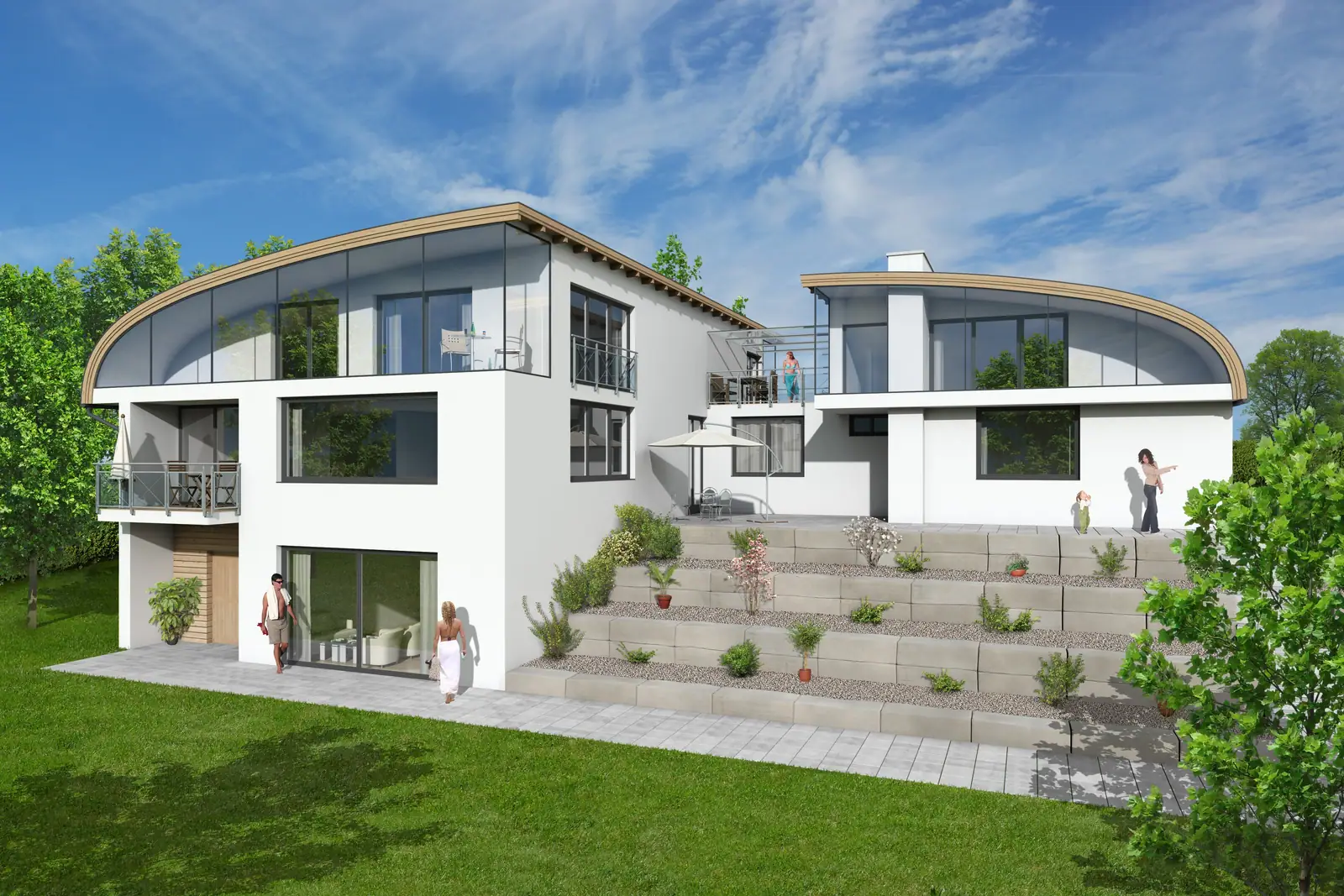 Visualisierung der Villa am Ammersee mit geschwungenen Dächern und Garten