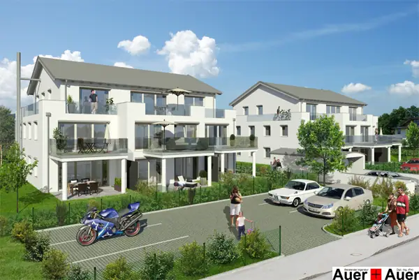 Visualisierung einer Wohnanlage mit Penthouse und großzügigen Balkonen